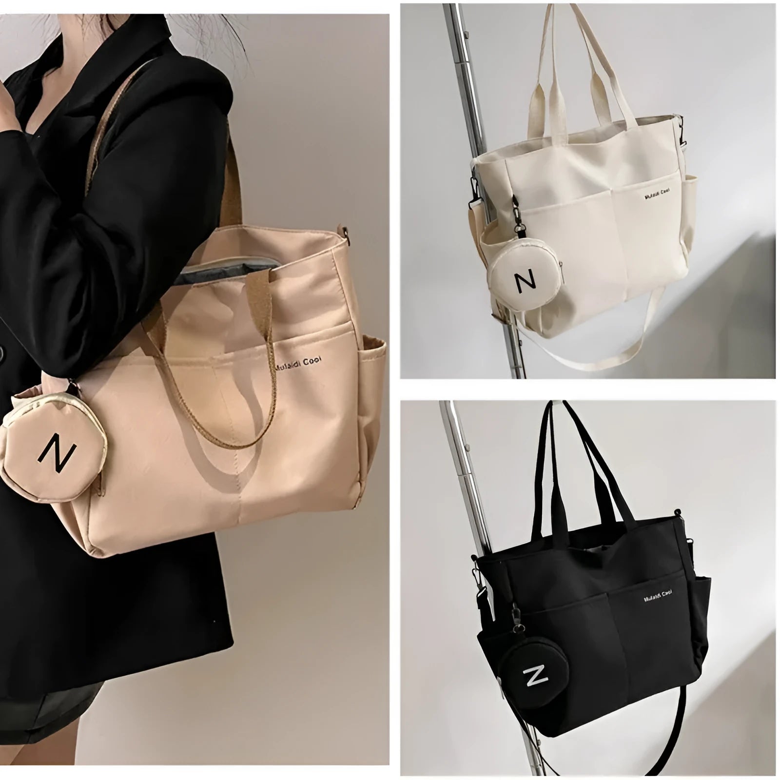 Canvas women's shoulder crossbody tote bag with Oxford cloth lining and waterproof zipper in khaki