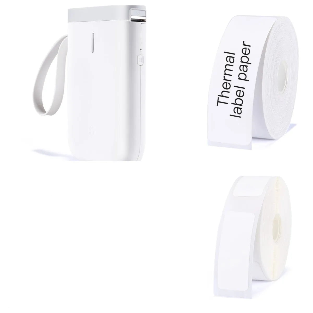 D11 Bluetooth label printer in black with thermal paper roll and smartphone showing app interface