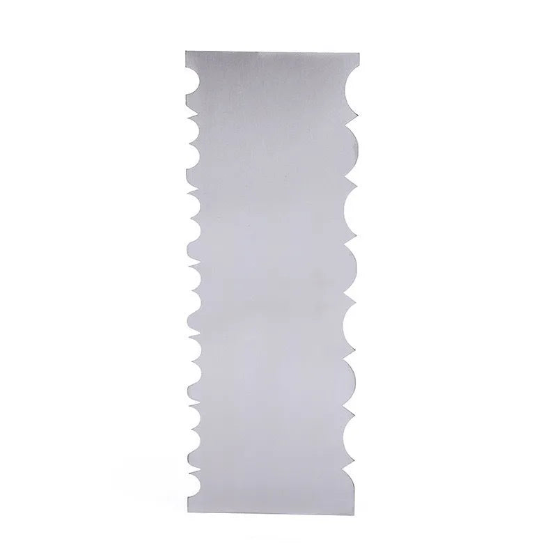 Stainless steel cake scraper with a polygonal pattern for texturing frosting, shown with six style options.