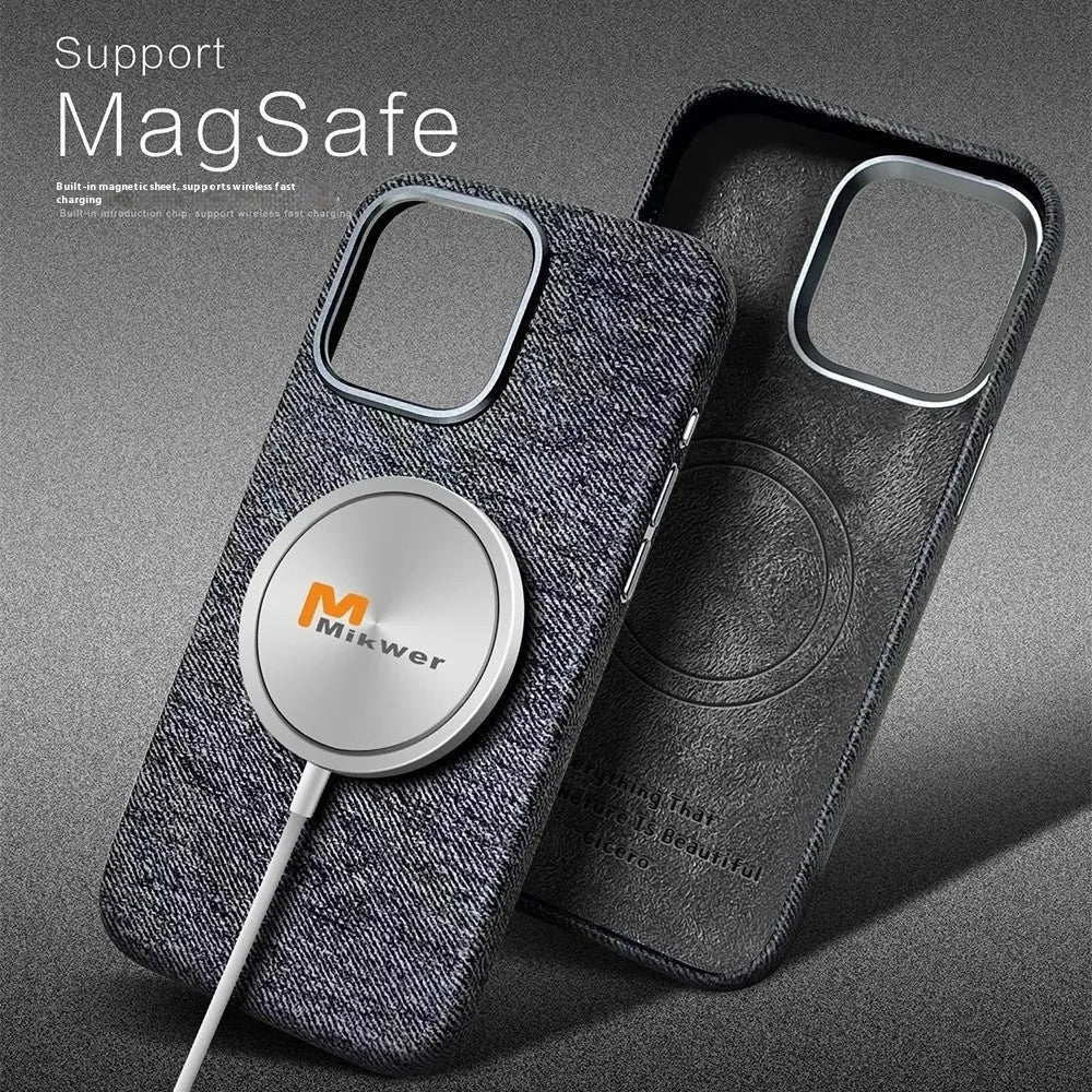 Flannel cloth pattern magnetic phone case for iPhone 12 to 16 series with metal lens cover in multiple colours