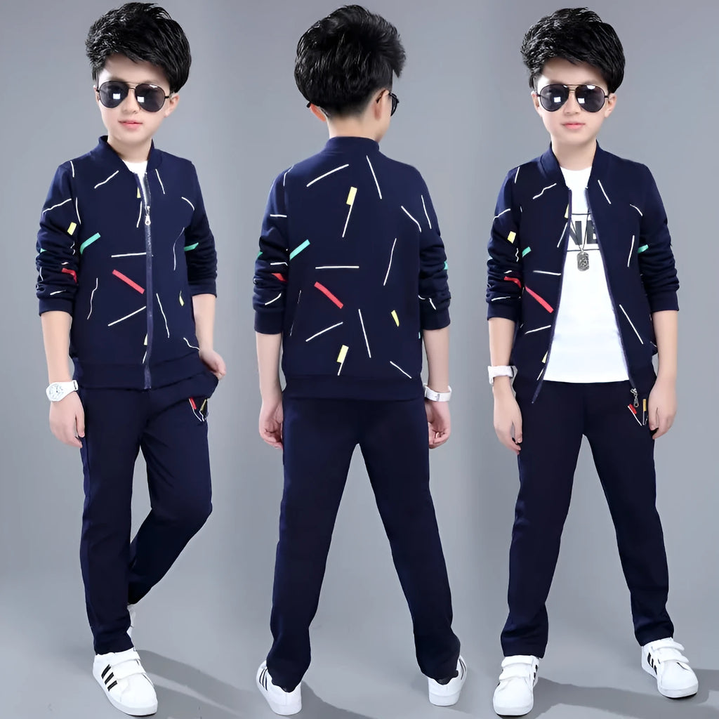 Boys' two-piece cotton outfit with printed coat and pants in navy blue, black or wine red, sizes 120-160.