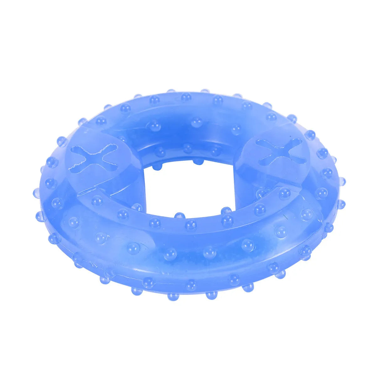 Freezable bone-shaped dog chew toy with a water-filled core for cooling and teething relief.