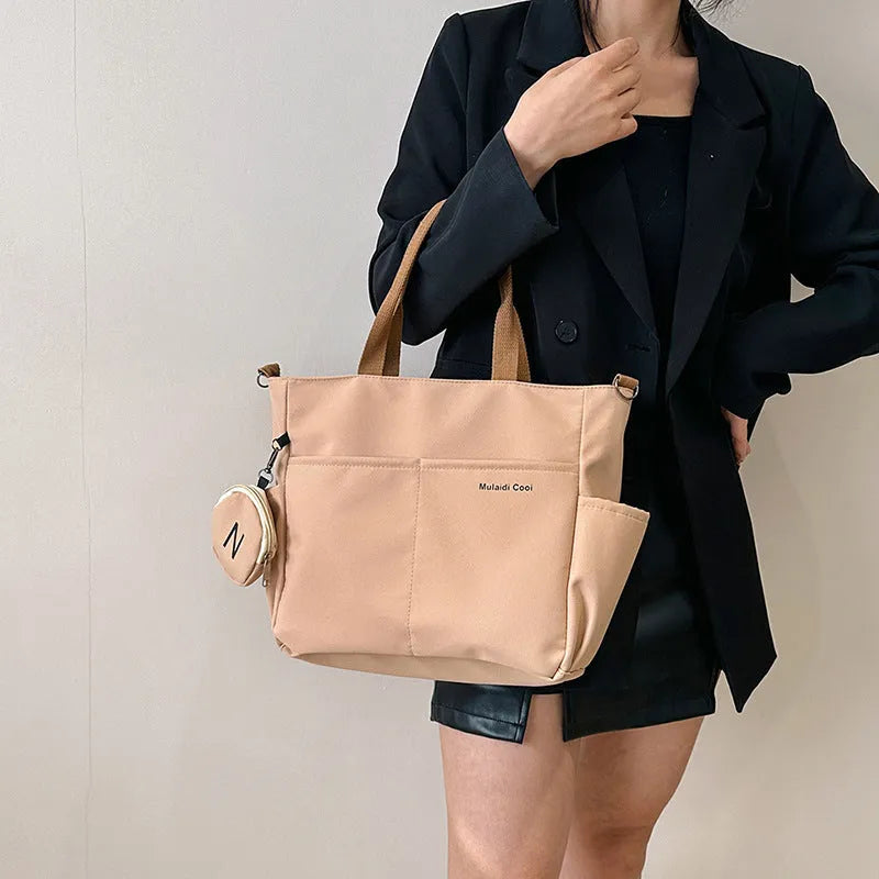 Canvas women's shoulder crossbody tote bag with Oxford cloth lining and waterproof zipper in khaki