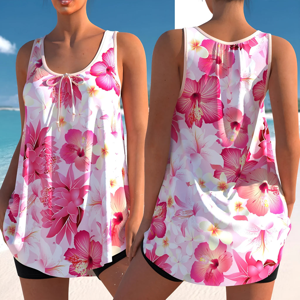 Pink printed plus size tankini swimsuit with separate top and high-waisted briefs