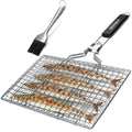 Square stainless steel wire barbecue mesh basket in a folded position with a cleaning brush.