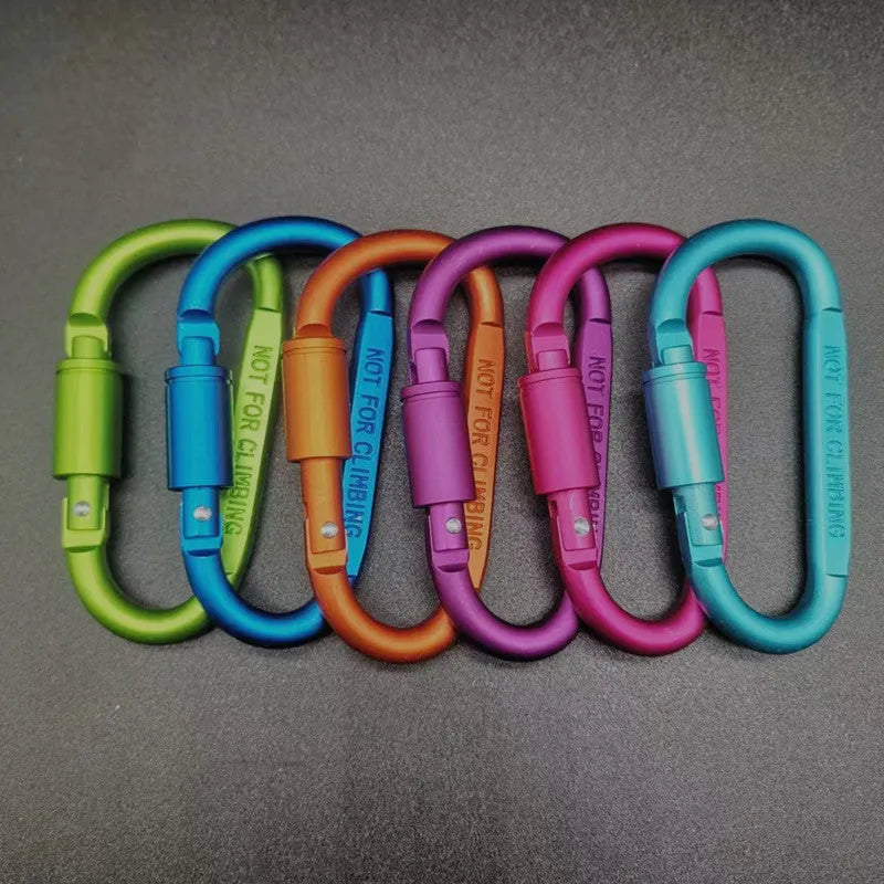 Flat 8 cm D-shaped aluminium locking carabiner in a selection of colours.