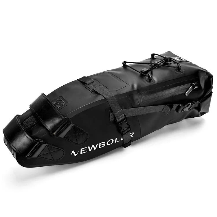 Yellow, black, and green 13-litre waterproof PVC bike tail bag mounted on a bicycle rear rack.