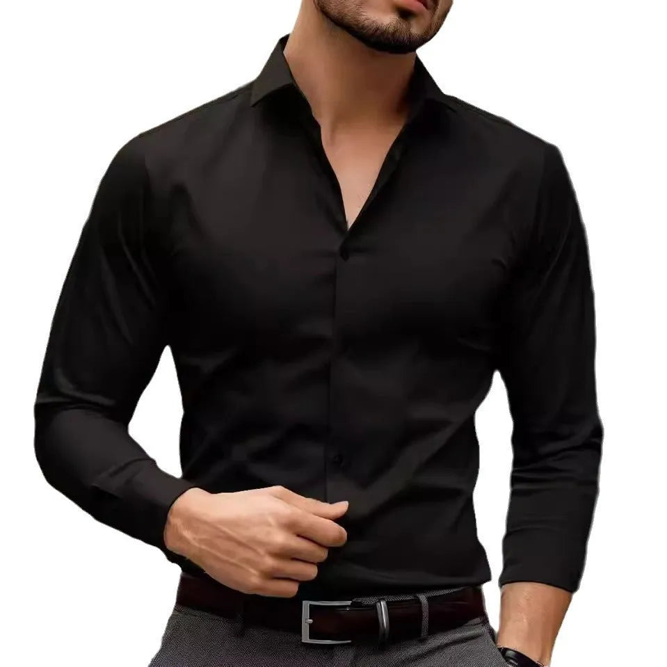 Men's business lapel shirt solid colour long sleeve polyester regular fit in white