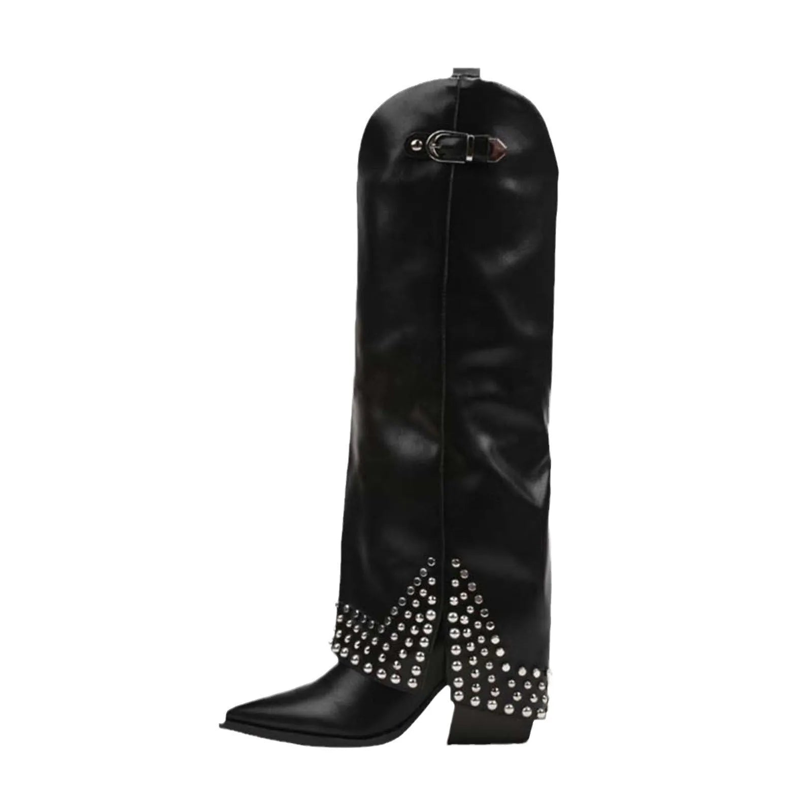 Women's frosted rivet pantyhose boots with oversleeve design in black, apricot and black matte colour options