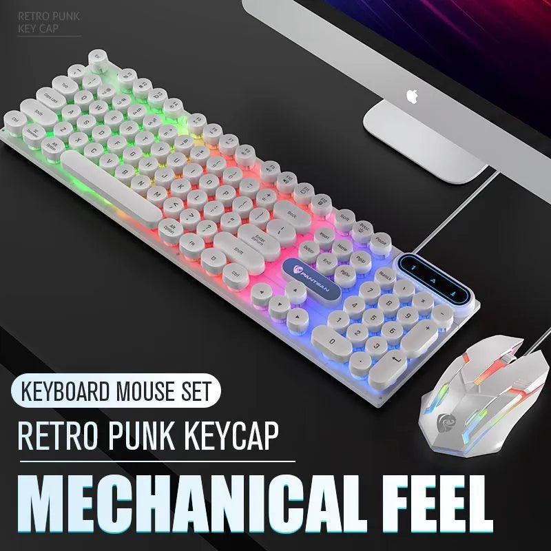 Desktop computer wired keyboard and mouse set, black, with USB cable on desk