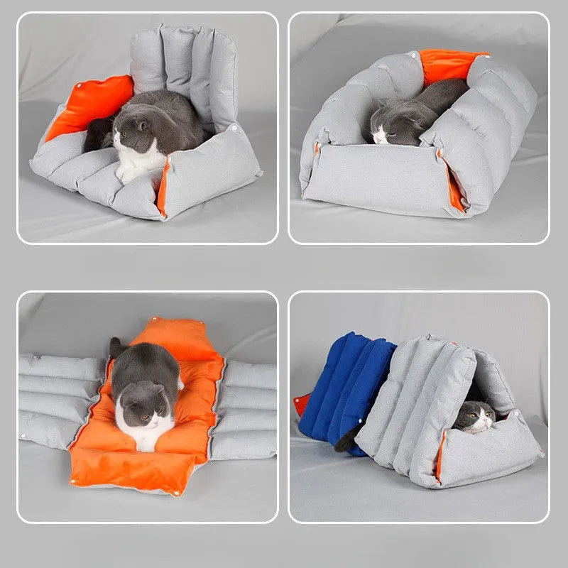 Blue triangular cat bed with removable cotton cover showing drilled holes for connecting multiple units