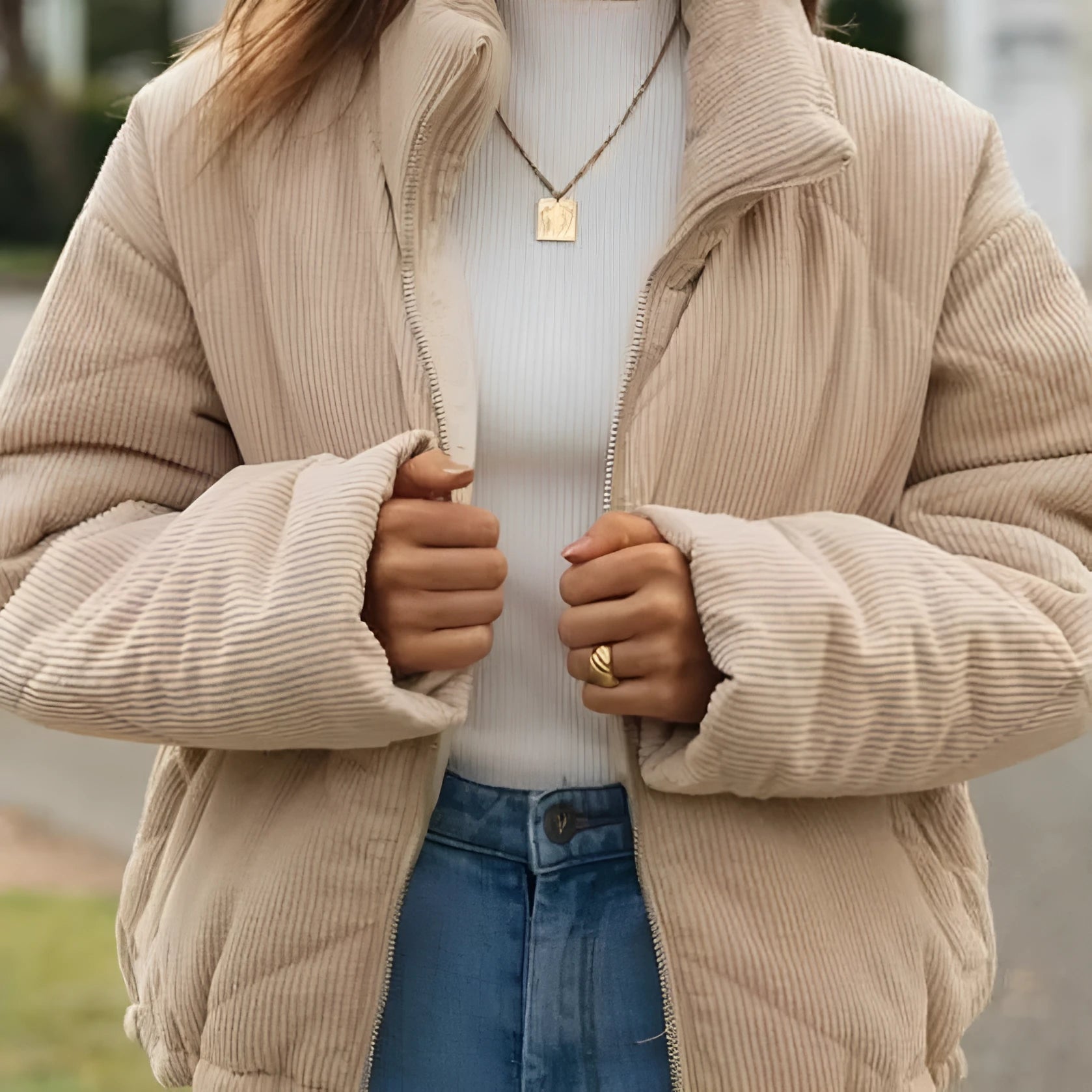 Apricot women's corduroy jacket with stand collar and full-length zipper