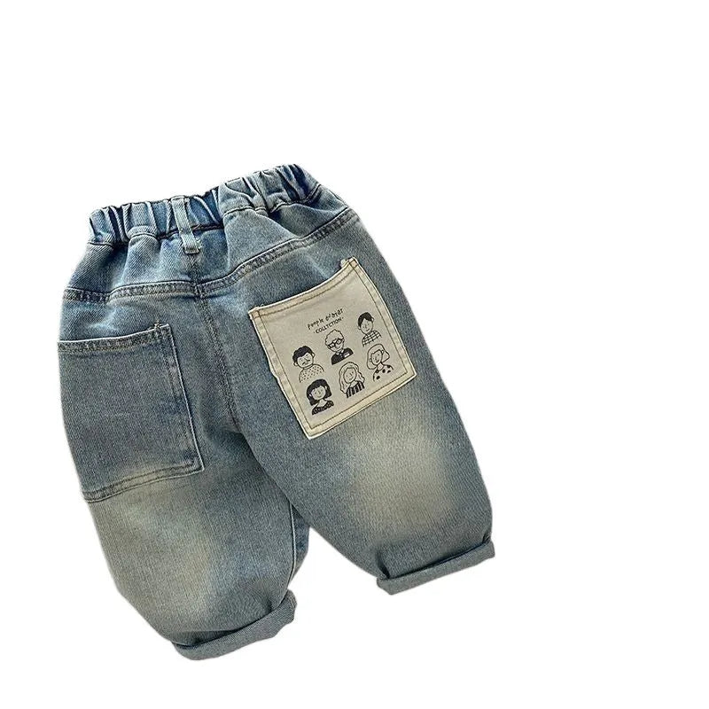 Boys casual light-coloured denim jeans with elastic waist and back pocket printing