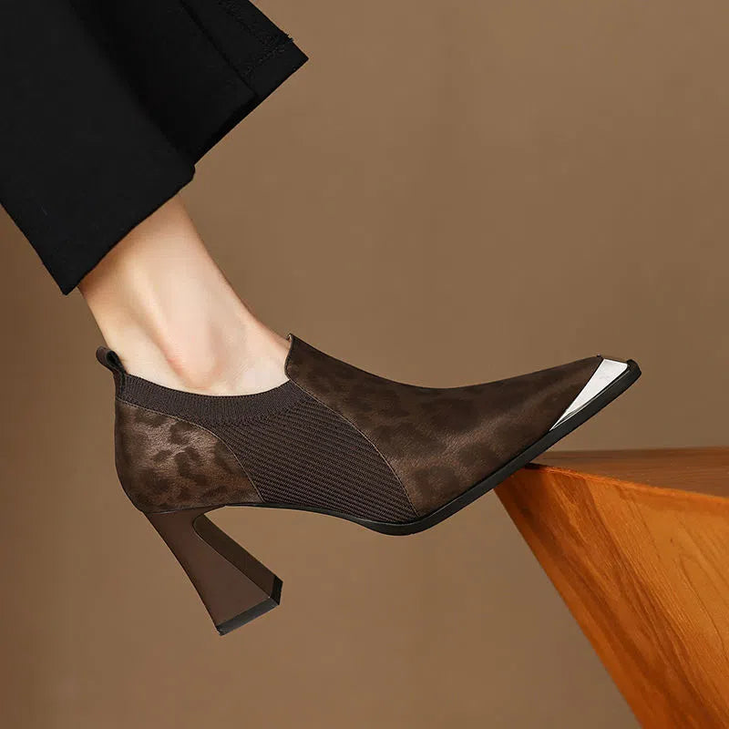 British leopard print metal head women's chunky heel high heels in black with pointed toe and waterproof platform