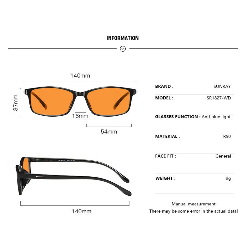Anti-blue light glasses with orange lenses and full-rim frames in four colour options.