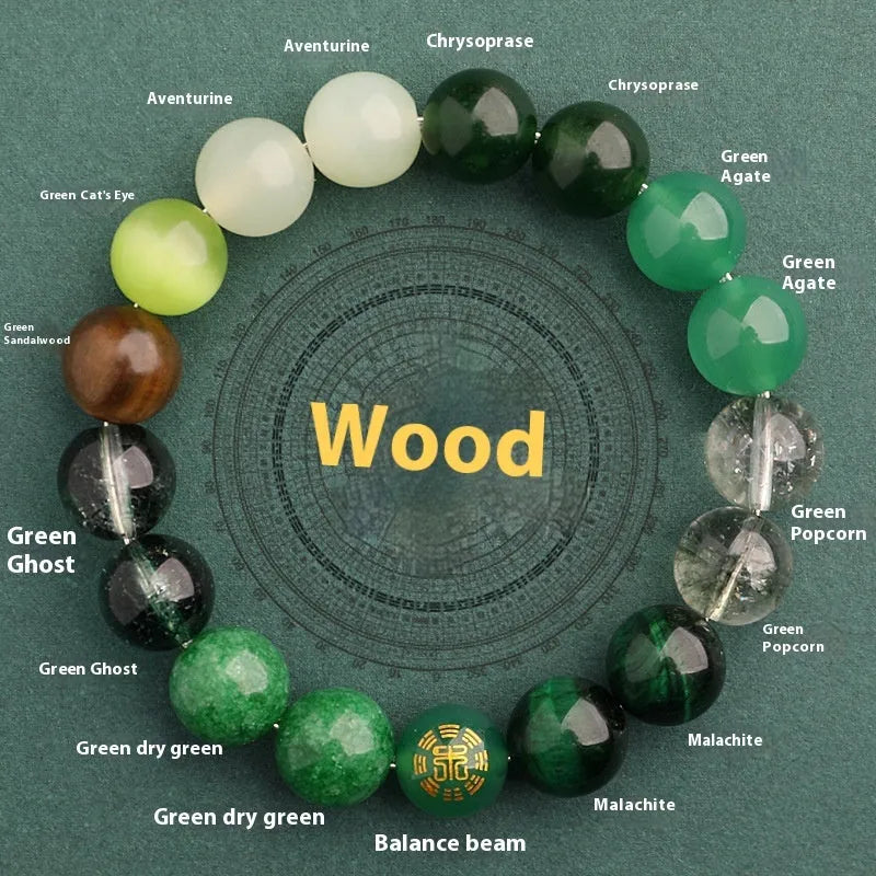 Green agate balance energy bracelet with natural crystal beads in five elemental colours