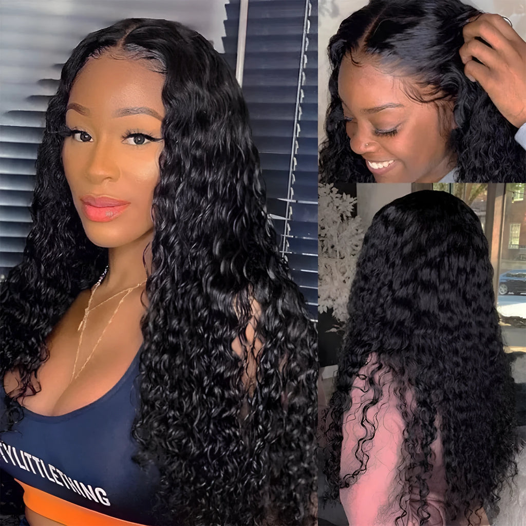 Curly human hair lace frontal wig showing 150 density hand-woven construction in various length options