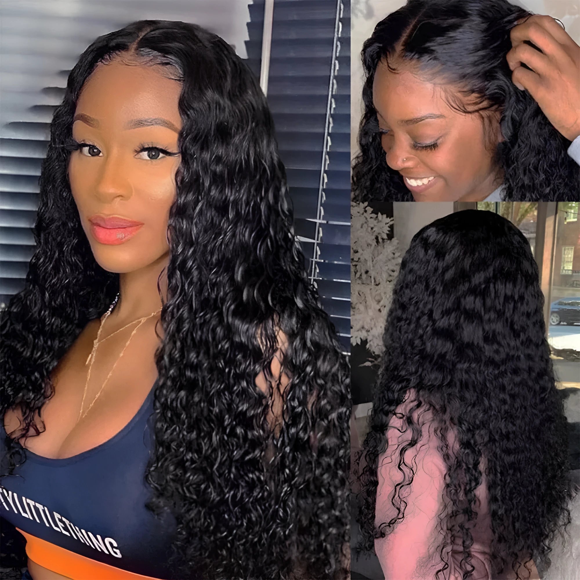 Curly human hair lace frontal wig showing 150 density hand-woven construction in various length options