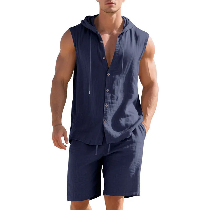 Men's sleeveless linen shirt and matching shorts suit set in light khaki colour