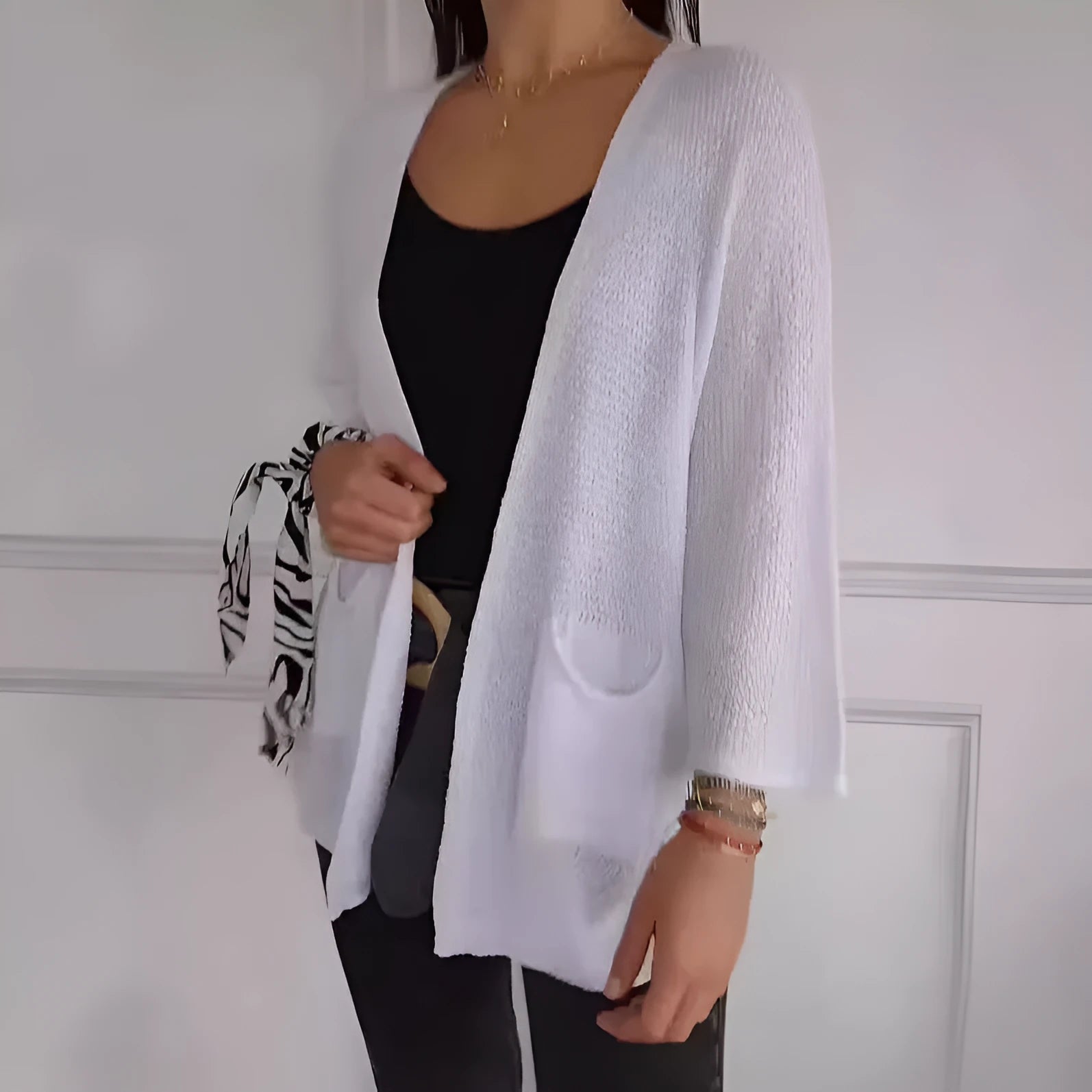 Women's waffle weave cardigan coat with nine-quarter sleeves in army green colour