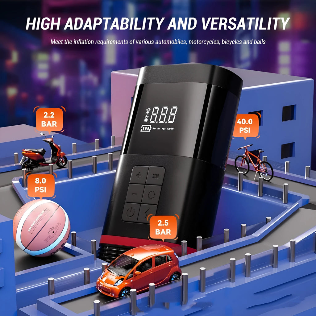 Black wireless emergency car jump starter with USB ports and cables, measuring 19.5x10x5.7cm
