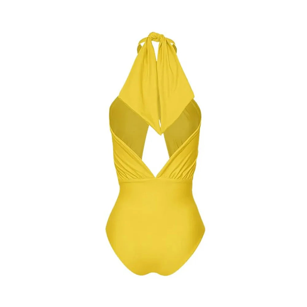Women's solid colour halter one-piece swimsuit with matching wrap skirt set