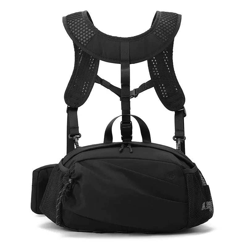 Unisex black nylon waist bag worn on the hip, also showing backpack straps.