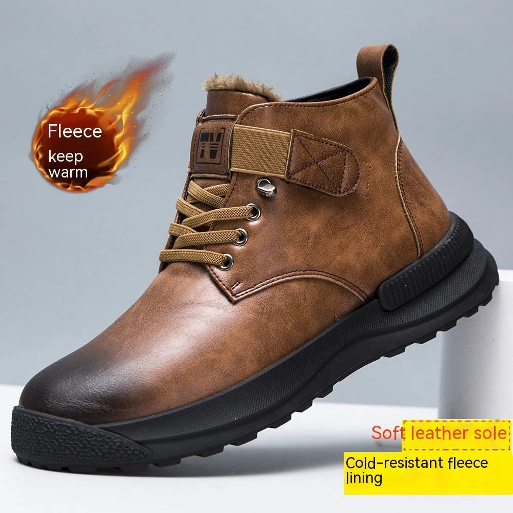 Men's black high-top platform Martin boots with a velvet upper and rubber sole.