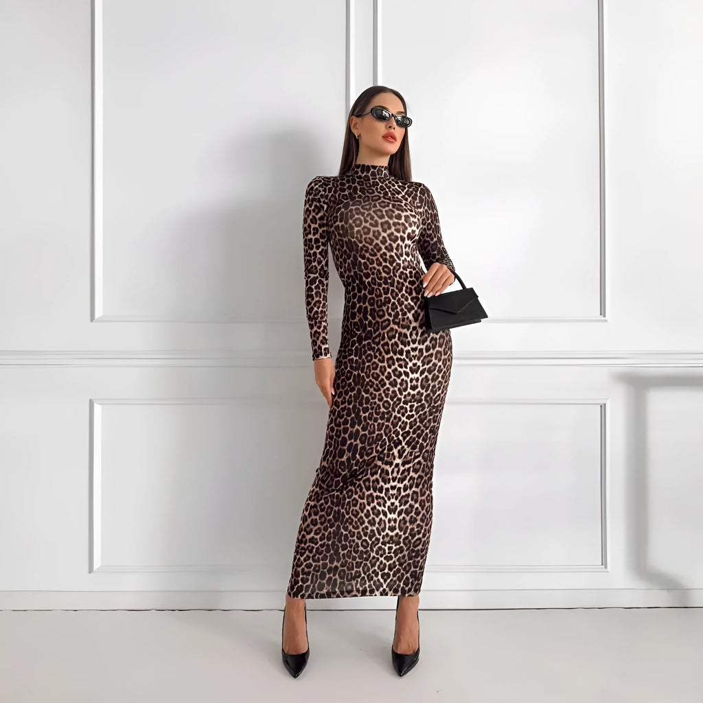 Leopard print women's long dress with stand collar and long sleeves.