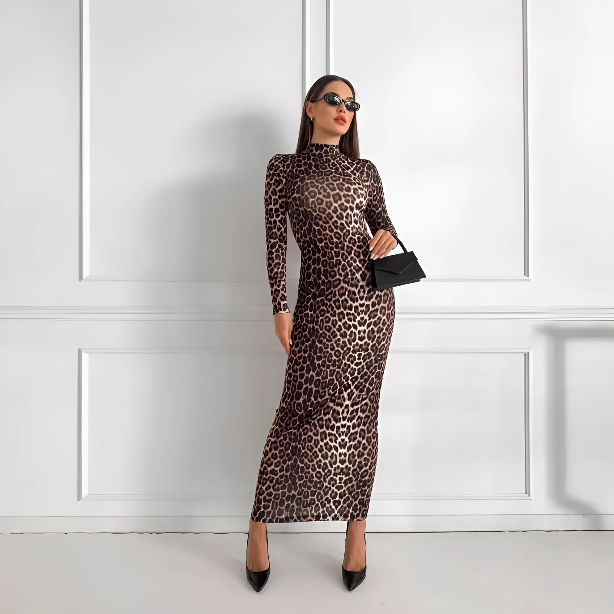 Leopard print women's long dress with stand collar and long sleeves.