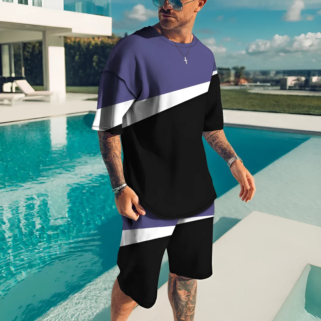 Men's casual beach style 3D digital print shorts set with T-shirt and shorts in TZ-001, 85% polyester, size S to 8XL