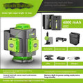 Green 16-line laser level tool showing 360° beam projection on walls.