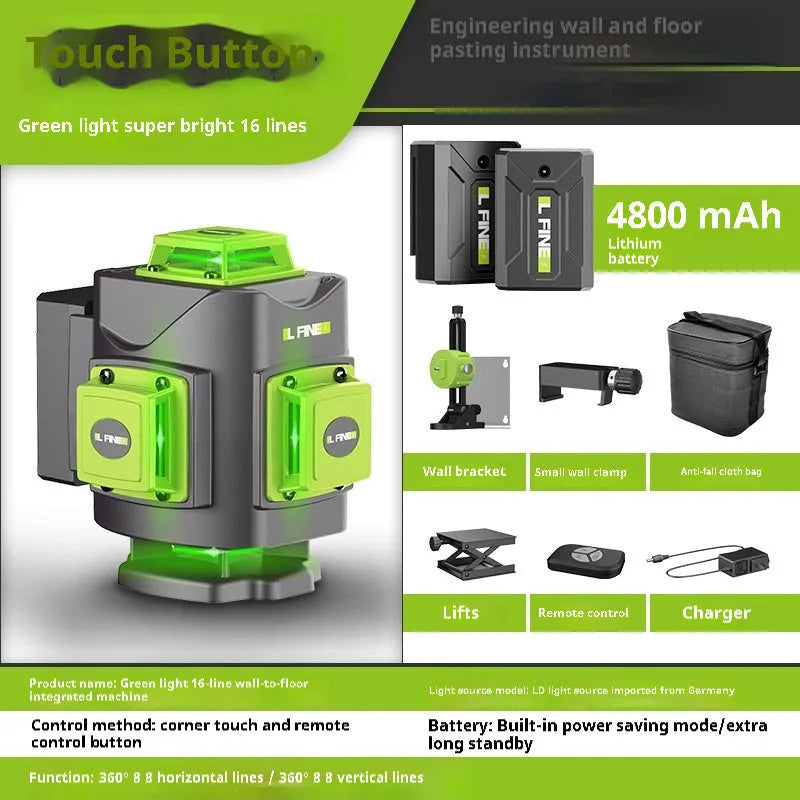 Green 16-line laser level tool showing 360° beam projection on walls.