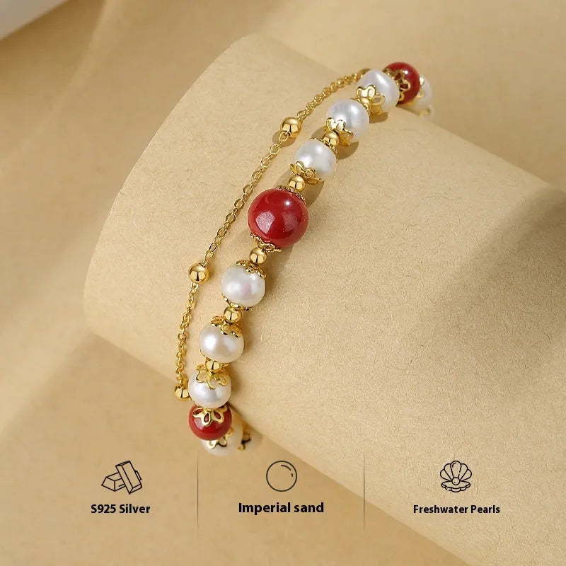 Women's sterling silver double-layer bracelet with freshwater pearls and cinnabar red beans
