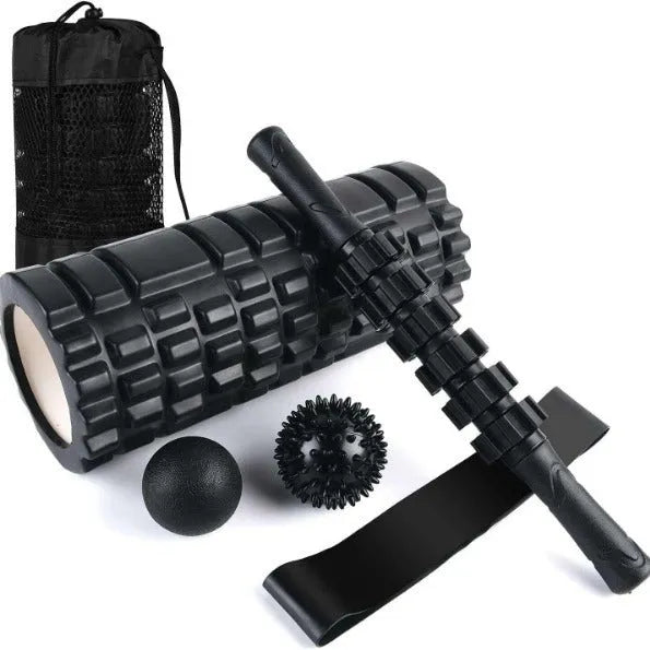 Black six-piece foam massage roller stick with gear design, 33cm long.
