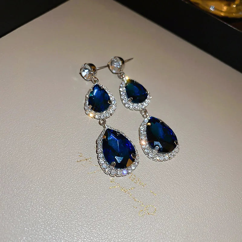 Silver needle water drop earrings and necklace set in blue with zircon pendant on alloy chain