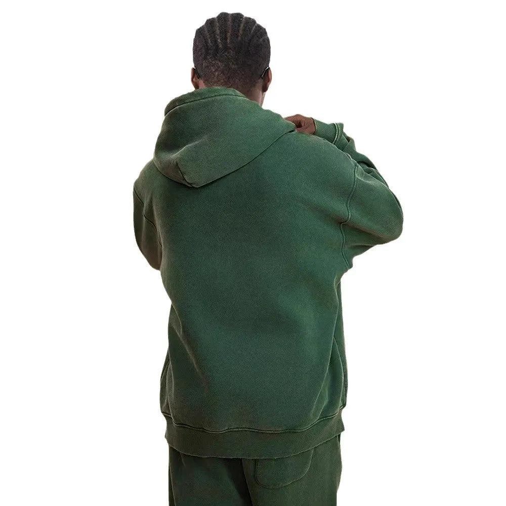 Men's washed black cotton hooded cardigan with a double zipper and fleece lining.