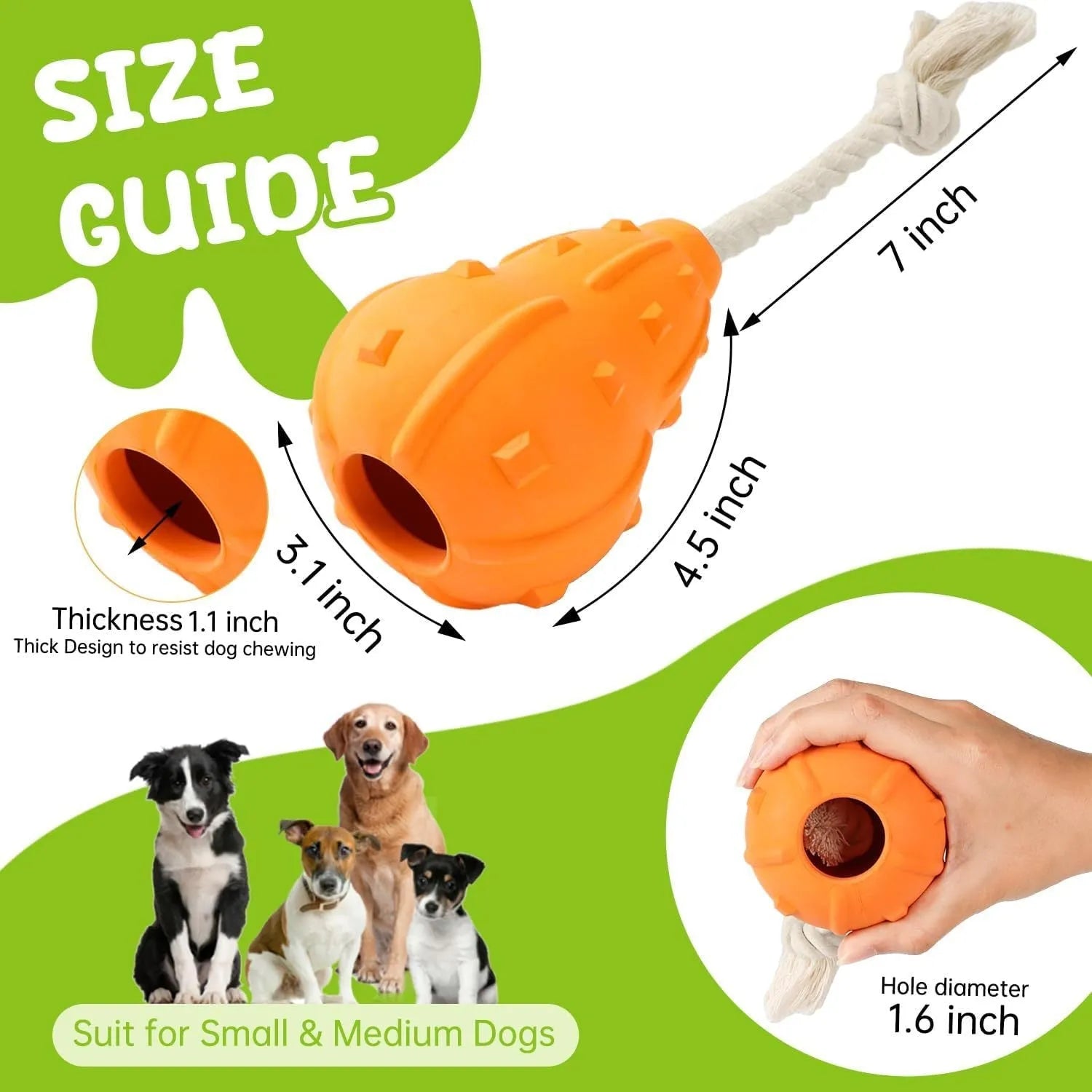 Natural rubber stuffable dog toy for small dogs, shown with a longer strap for fetching and tugging.