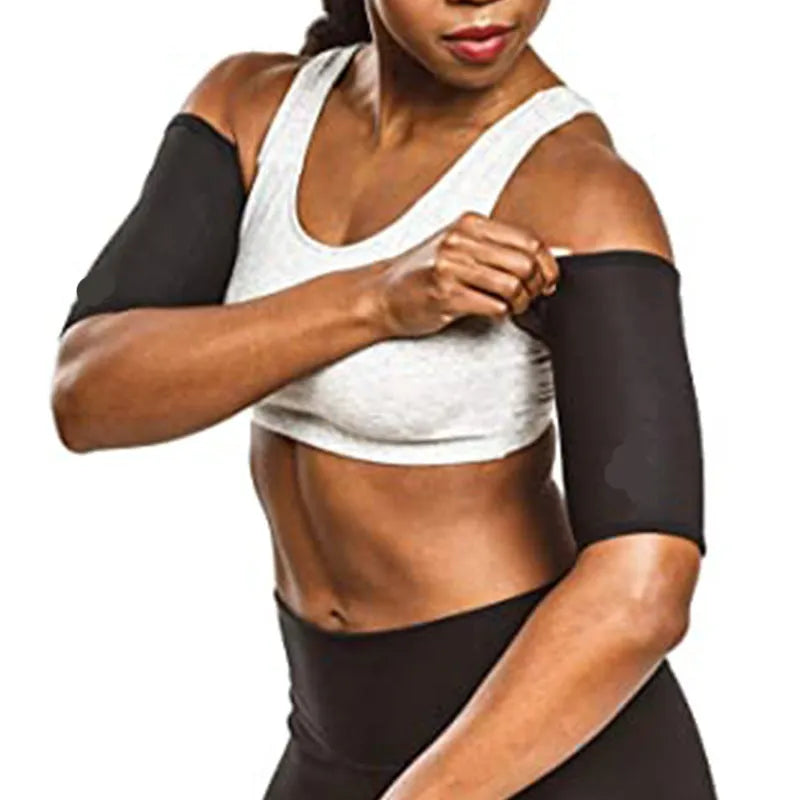Adjustable arm shaping sweatband in blue with binding strap, shown on arm during exercise.