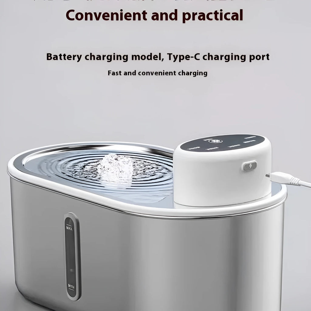 Silver non-plug-in infrared induction pet drink fountain made from all stainless steel with 4000mAh capacity