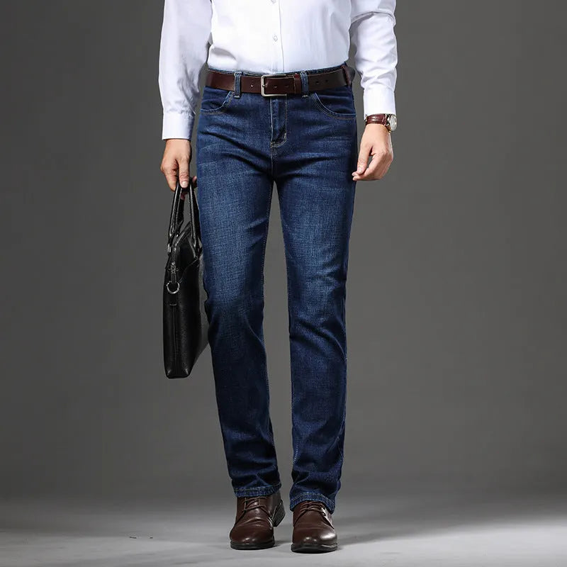 Stretch jeans in black or blue with straight-leg business casual styling for autumn winter wear