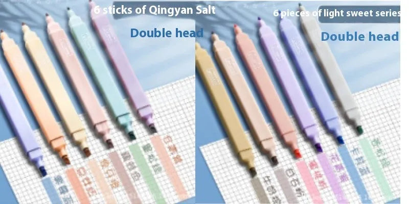 A set of double-ended fluorescent marker pens showing two coloured tips, arranged in a pack.