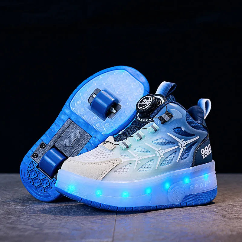 Children's adjustable knob roller skating shoes with rotating button and stripe pattern in blue, black, or pink colours