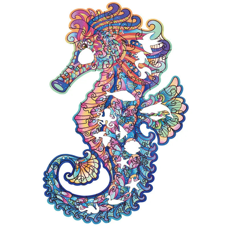 Irregular three-dimensional seahorse shaped wooden puzzle on a flat surface with colour options A3 A4 A5
