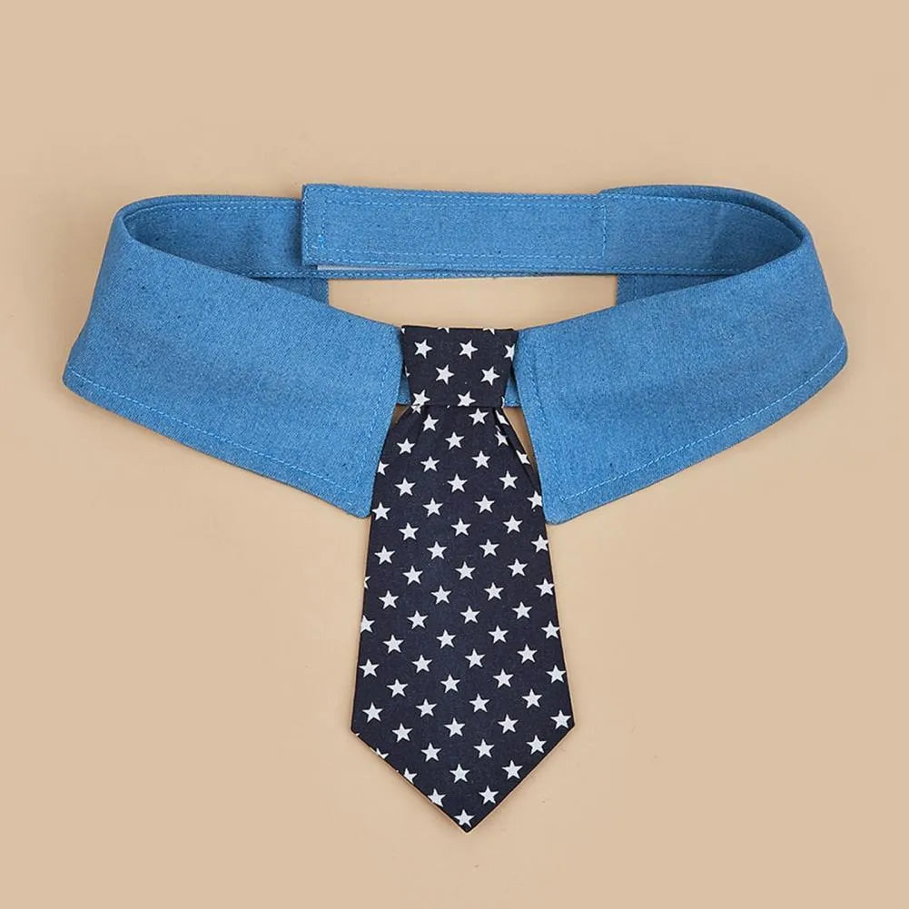 Denim pet collar with star pattern necktie on adjustable fastener tape for dogs