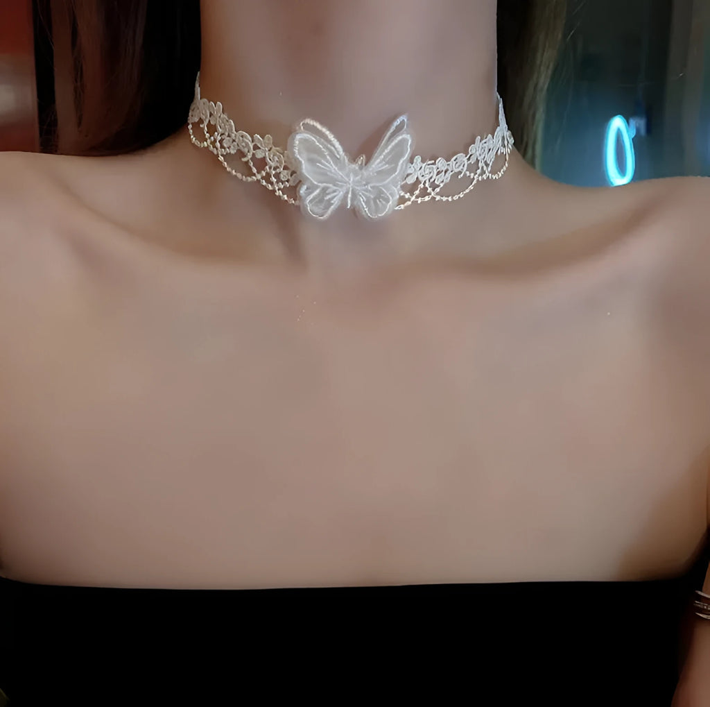 Lace yarn cloth butterfly necklace for women's collar, 30cm, shown in black or white