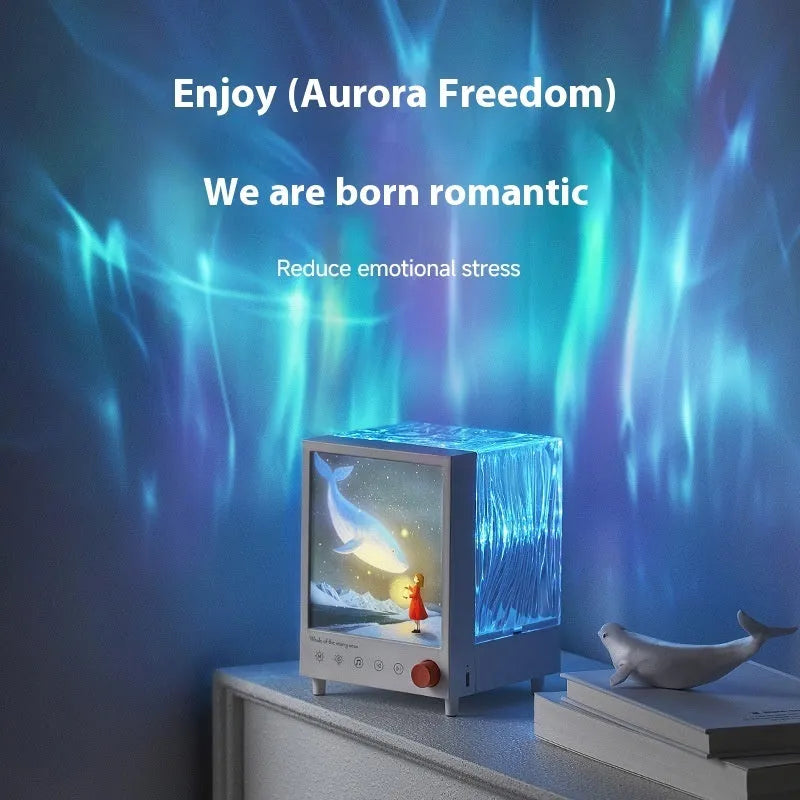 Aurora treasure box shaped projection lamp showing star sea whale light pattern.