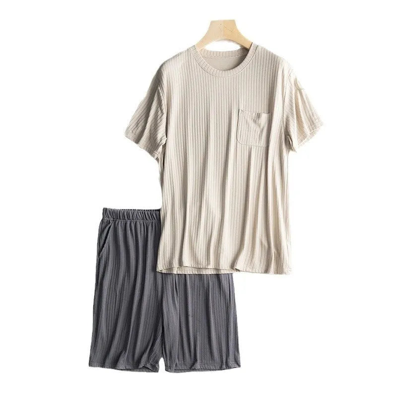 Men's thin polyester summer T-shirt and shorts home wear suit in oatmeal color with deep gray shorts