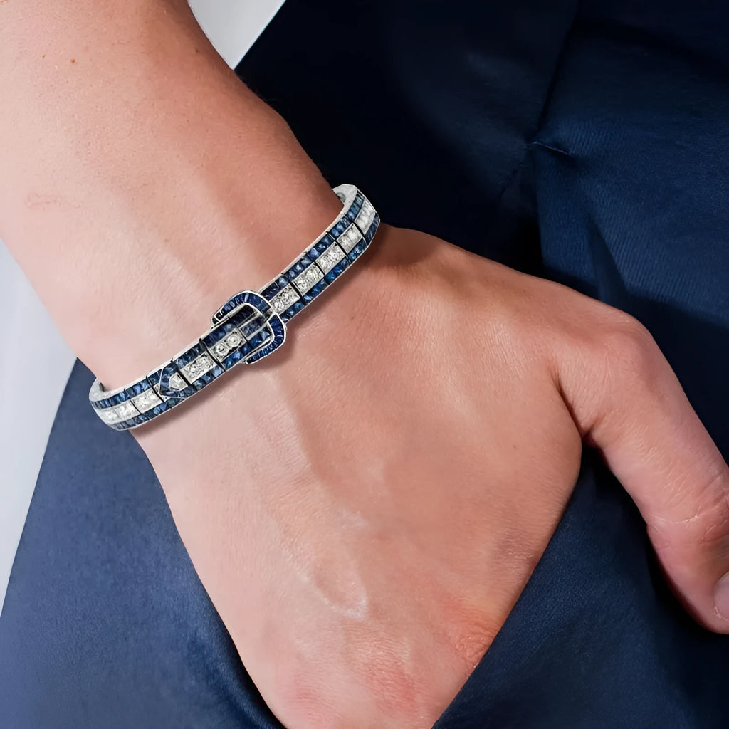 925 sterling silver bracelet with gold plating, high-carbon drill and Vivid Blue colour, shown in 16cm to 18cm sizes