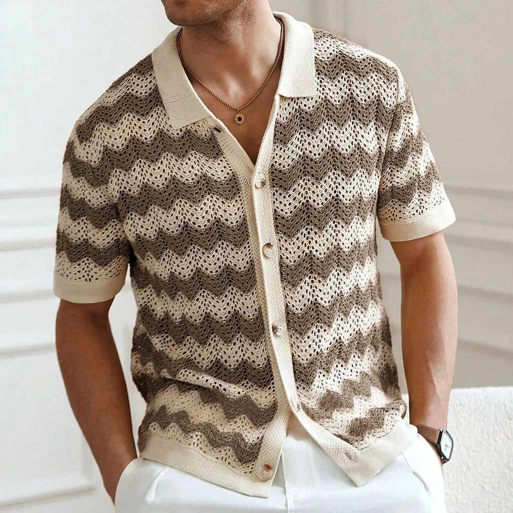 Short-sleeved yellow Tencel sweater with a textured hollow jacquard corrugated pattern, shown on a hanger.